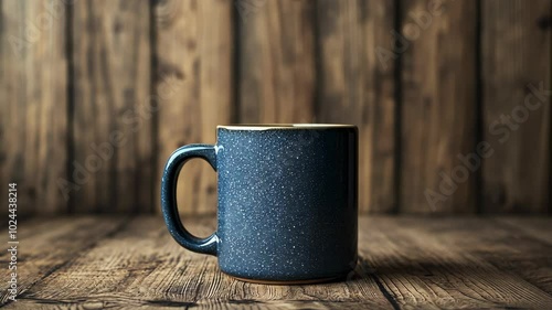 A blue mug sits on a wooden table with a rustic wooden backdrop photo