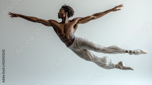 A muscular black male ballet dancer leaps through the air, arms outstretched, in a white costume. photo