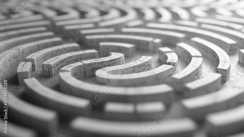 A complex and intricate maze made of white paper with a soft focus and a white background.