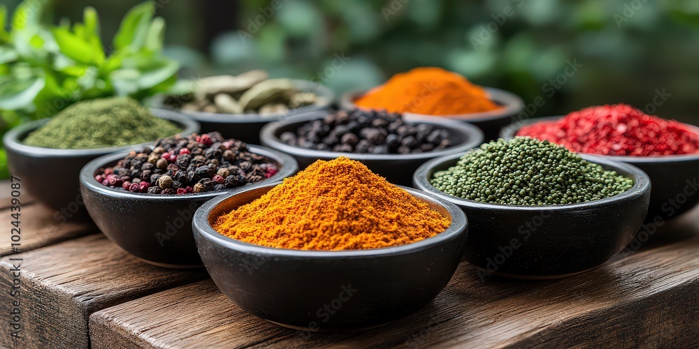 Vibrant spices of various colors arranged in small bowls, representing a world of flavor and aroma. Perfect for culinary exploration and cooking inspiration. Vibrant spices of various colors arranged in small bowls, representing a world of flavor and aroma. Perfect for culinary exploration and cooking inspiration.