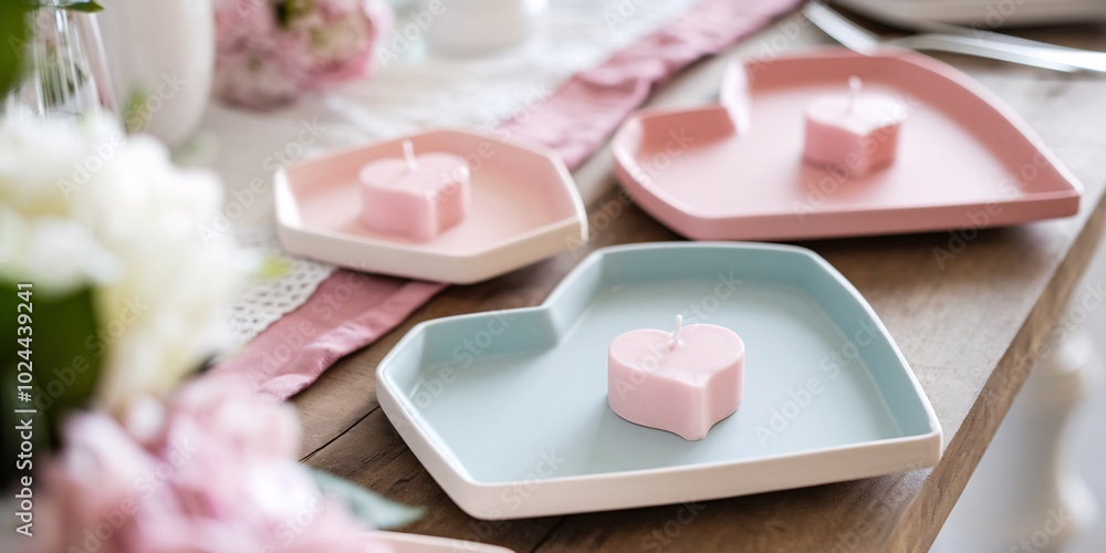 A close-up of a Scandinavian-inspired Valentine’s Day table setting featuring minimalist geometric heart-shaped plates in pastel colors. The clean lines and soft hues create a romantic. A close-up of a Scandinavian-inspired Valentine’s Day table setting featuring minimalist geometric heart-shaped plates in pastel colors. The clean lines and soft hues create a romantic.