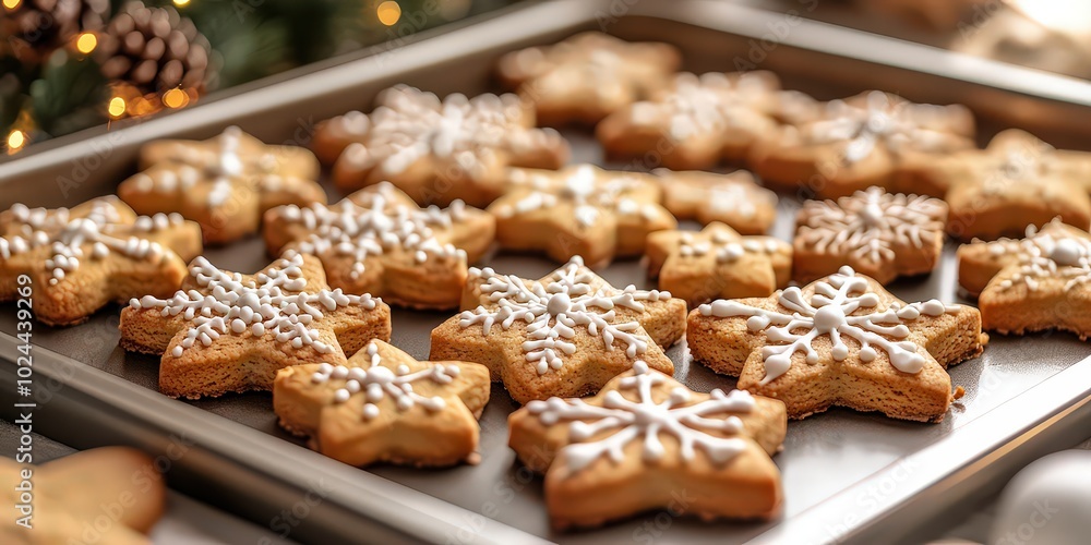 Golden star-shaped cookies with icing sit fresh on a baking tray, ready for the holidays. Warm and sweet treats perfect for Christmas celebrations. Golden star-shaped cookies with icing sit fresh on a baking tray, ready for the holidays. Warm and sweet treats perfect for Christmas celebrations.