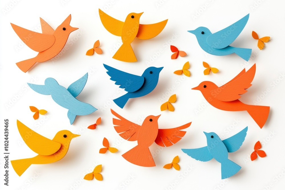 Colorful Paper Birds and Butterflies on a White Background Colorful Paper Birds and Butterflies on a White Background