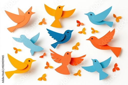 Colorful Paper Birds and Butterflies on a White Background