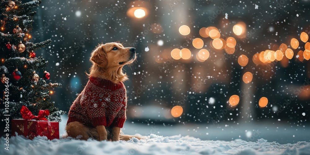 Dog sits beside Christmas tree, illuminated by soft festive lights while snowflakes fall. A magical, serene moment during the winter holiday season. Dog sits beside Christmas tree, illuminated by soft festive lights while snowflakes fall. A magical, serene moment during the winter holiday season.
