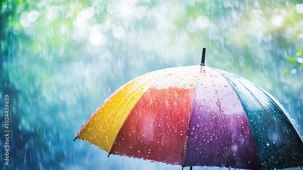 Fototapeta premium Abstract art captures the essence of spring and fall showers with a defocused image of a rainbow umbrella in the rain. The backdrop, blurred by raindrops, is illuminated by subtle light flares