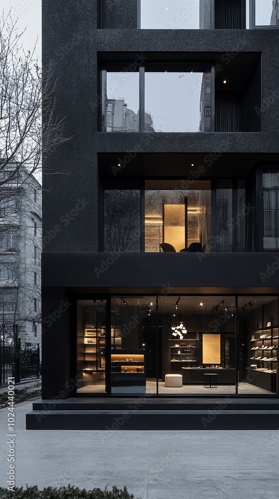 Modern storefront with large glass windows and a black brick facade.
Modern storefront with large glass windows and a black brick facade.