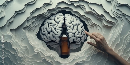  Artistic representation of brain with beer bottle in center, symbolizing effects of alcohol on mental health and decision-making. photo