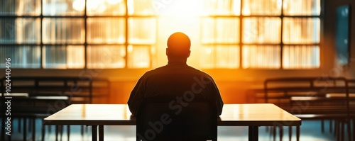 Inmate sitting at a table during visitation, waiting close up, focus on, copy space warm, hopeful lighting, double exposure silhouette with empty chairs