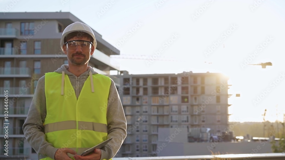 Construction site engineer holding tablet and wearing hard hat and safety vest with a sunrise at the background. Portrait video Construction site engineer holding tablet and wearing hard hat and safety vest with a sunrise at the background. Portrait video