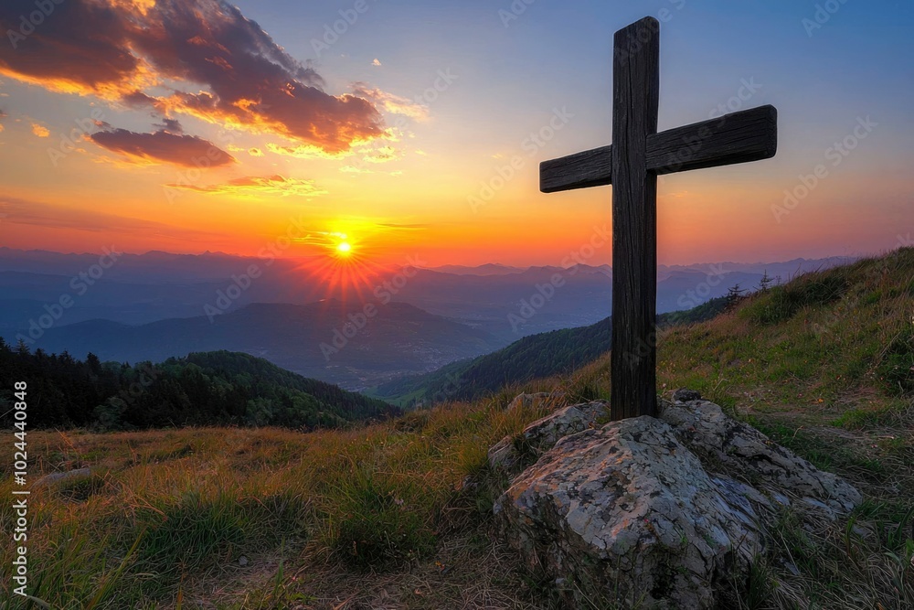 Wooden Cross Silhouette Against a Sunset Over Mountains Wooden Cross Silhouette Against a Sunset Over Mountains