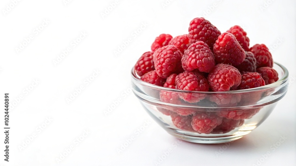Low angle view of small glass bowl filled with raspberries on white background Low angle view of small glass bowl filled with raspberries on white background