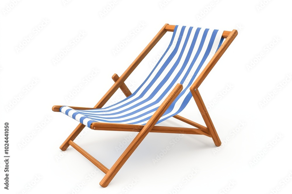 A simple yet sturdy beach chair with a wooden frame and a blue and white striped canvas seat A simple yet sturdy beach chair with a wooden frame and a blue and white striped canvas seat