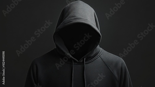 A single black hoodie against a completely black background, creating a sleek and mysterious