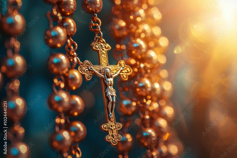 A golden crucifix hanging from a beaded chain with a blurred background A golden crucifix hanging from a beaded chain with a blurred background