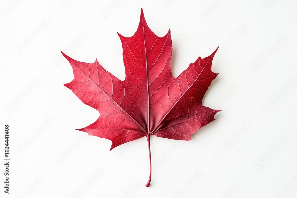 A single red maple leaf, lying flat against a white background. The leaf's deep red color is vibrant A single red maple leaf, lying flat against a white background. The leaf's deep red color is vibrant