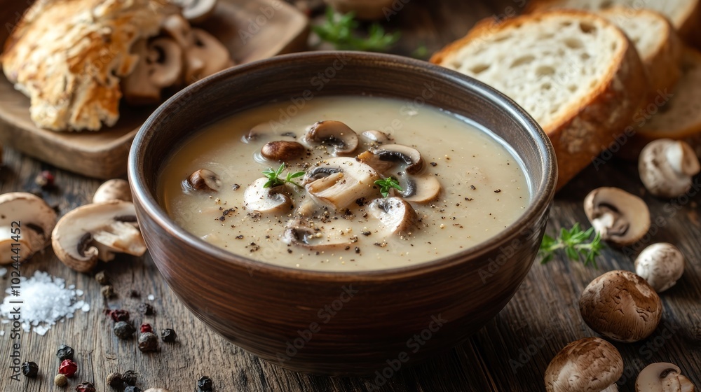 Creamy mushroom soup with bread, salt, pepper, and thyme in a brown bowl on a wooden table. Creamy mushroom soup with bread, salt, pepper, and thyme in a brown bowl on a wooden table.