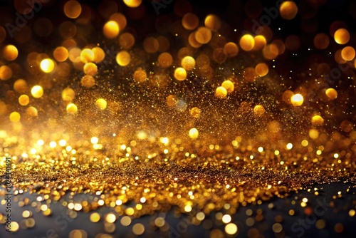 Low angle view of sparkling gold particles on black background creating a luxurious shimmer effect