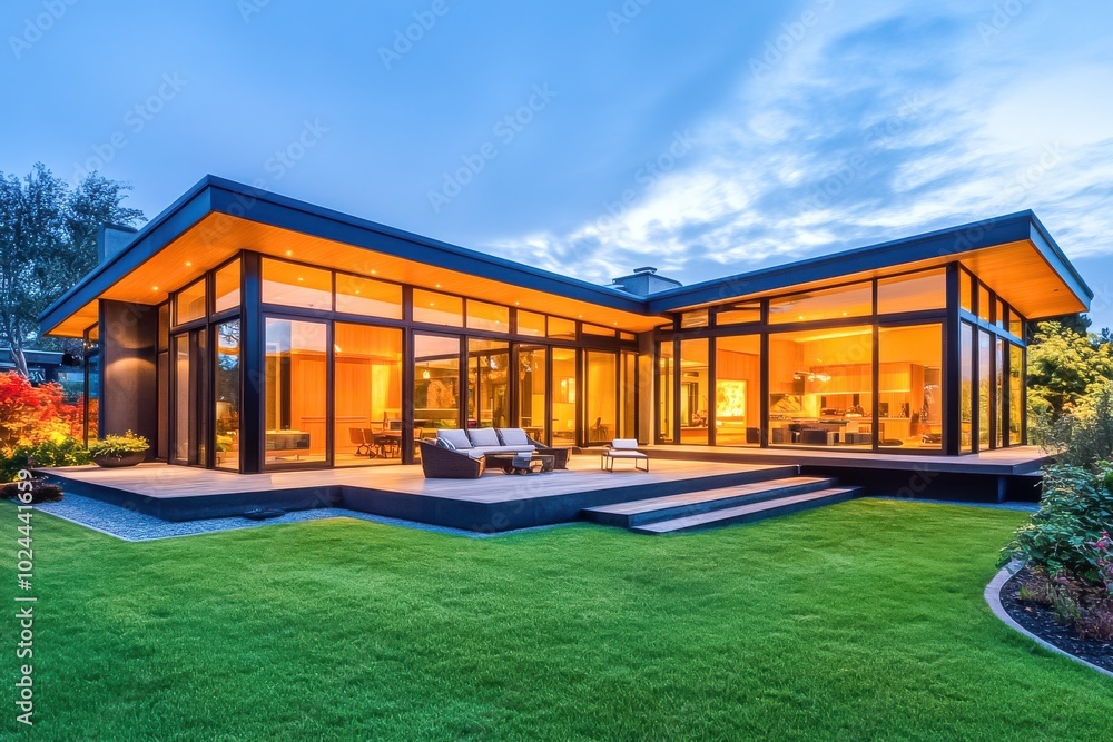 A sleek, contemporary house with sharp angles, large floor-to-ceiling windows A sleek, contemporary house with sharp angles, large floor-to-ceiling windows