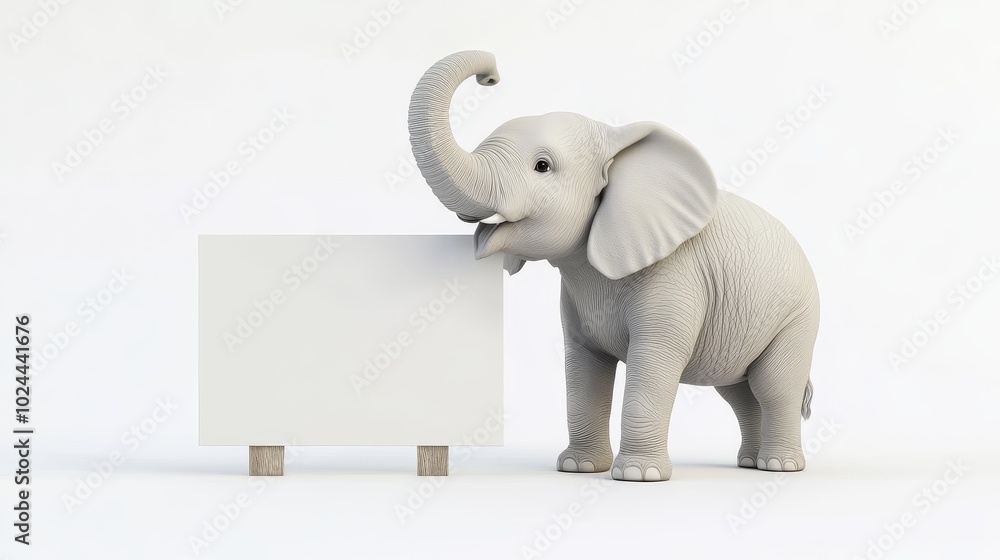 Majestic 3D Elephant with Trunk Holding Blank Sign under Bright Lighting on White Background Majestic 3D Elephant with Trunk Holding Blank Sign under Bright Lighting on White Background