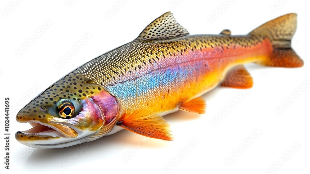 A rainbow trout, a popular game fish, isolated on a white background. A rainbow trout, a popular game fish, isolated on a white background.