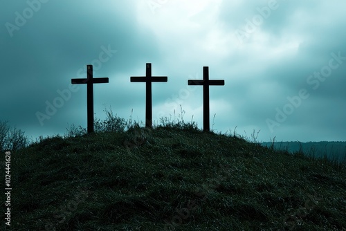 Three Silhouetted Wooden Crosses on a Hilltop Against a Cloudy Sky