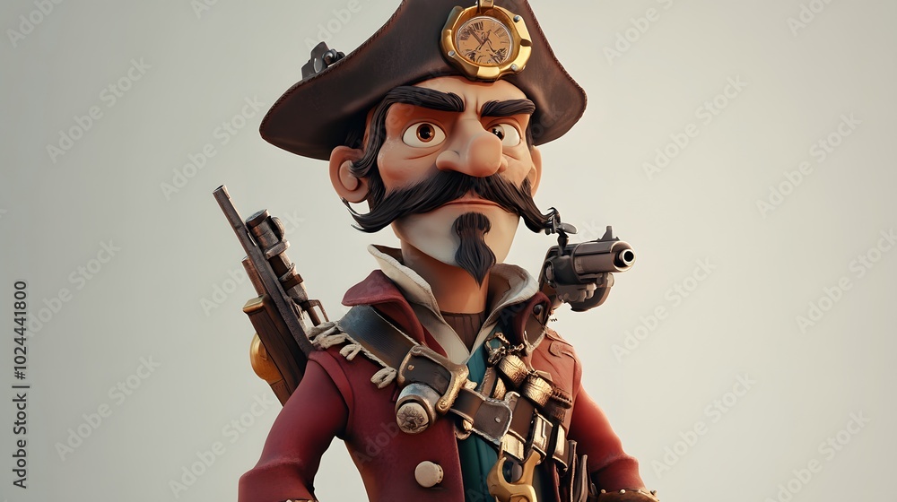 Fototapeta premium A cartoon pirate with a hat and a gun, looking serious.