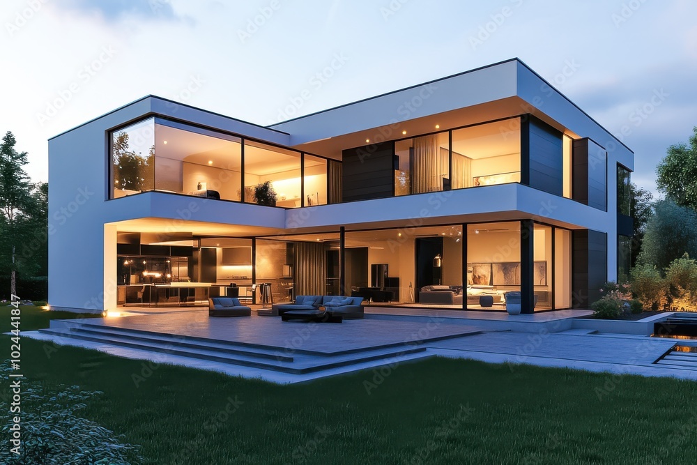 A sleek, contemporary house with sharp angles, large floor-to-ceiling windows A sleek, contemporary house with sharp angles, large floor-to-ceiling windows