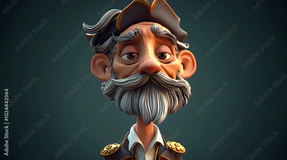 Obraz premium A cartoon pirate captain with a long white beard and a mischievous grin.