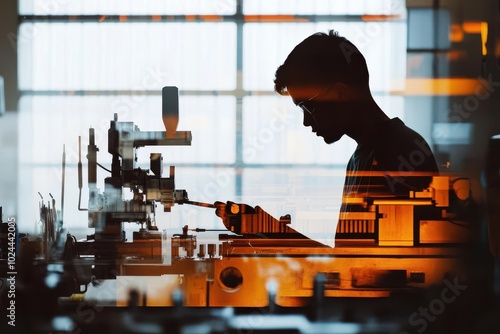 Inmate working in a prison workshop, focused on task close up, focus on, copy space warm industrial lighting, double exposure silhouette with tools and machines