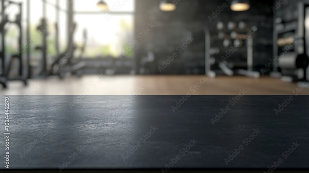 Black table top with gym background for product. Empty countertop mockup for sports nutrition or equipment. Black table top with gym background for product. Empty countertop mockup for sports nutrition or equipment.