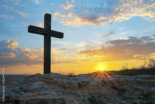 Wooden Cross Silhouette on a Hilltop at Sunset