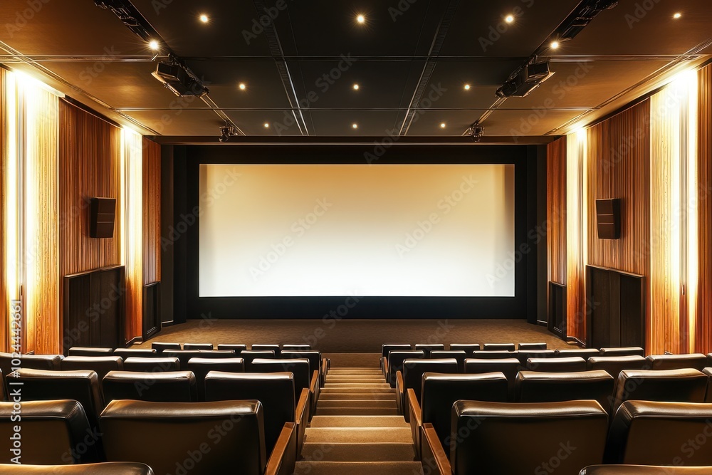 A sleek, modern theater with rows of comfortable seats facing a large, blank screen A sleek, modern theater with rows of comfortable seats facing a large, blank screen