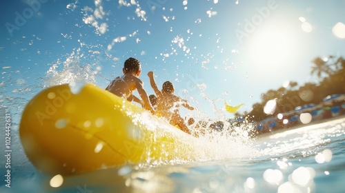 Celebrating at the Beach: Family Enjoying Water Sports Birthday Party with Kids on Banana Boat as Proud Parents Watch