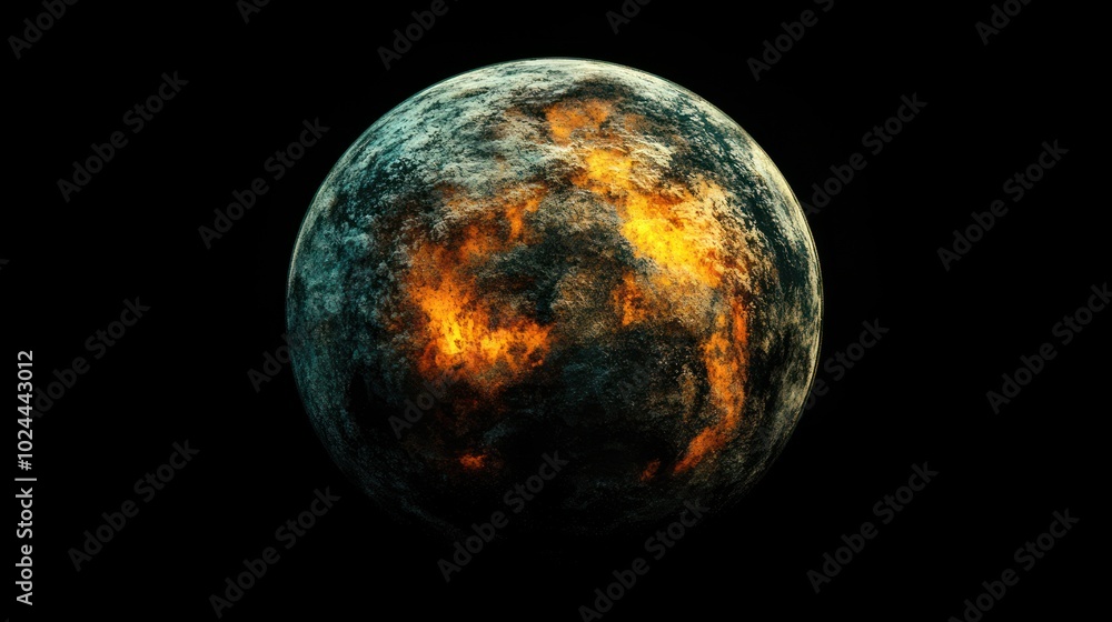 A fiery planet with glowing patches, suggesting destruction or transformation. A fiery planet with glowing patches, suggesting destruction or transformation.