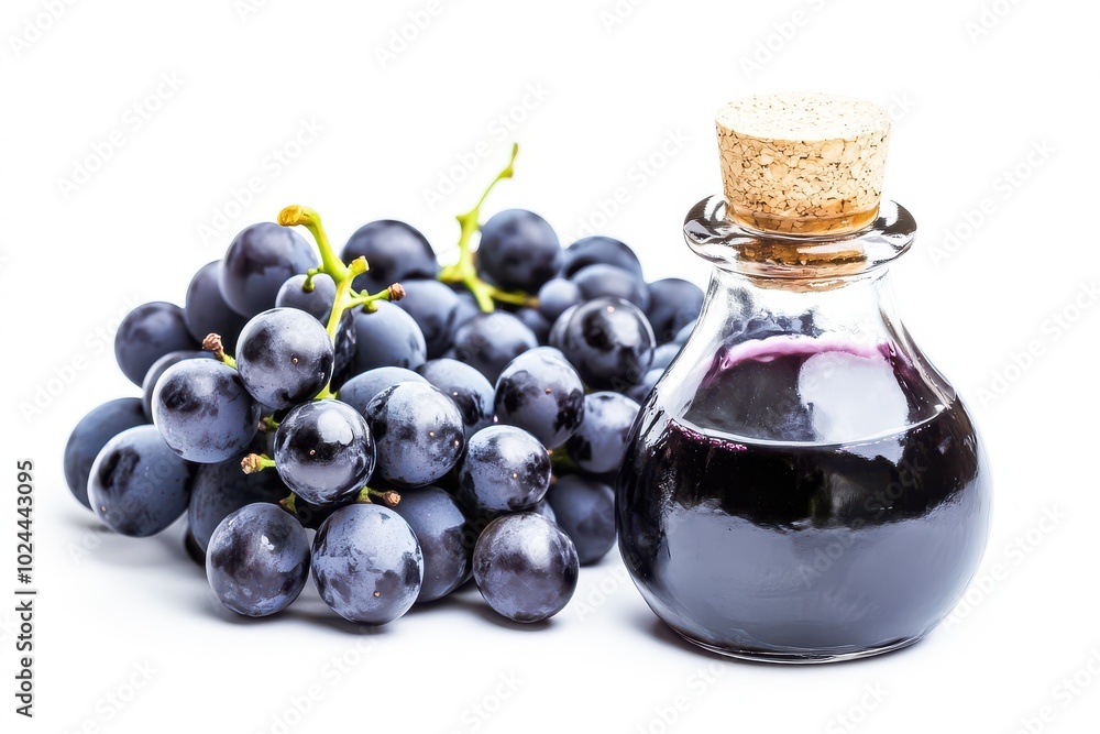 A small, clear glass bottle filled with rich, dark purple grape juice, sealed with a cork. Plump A small, clear glass bottle filled with rich, dark purple grape juice, sealed with a cork. Plump