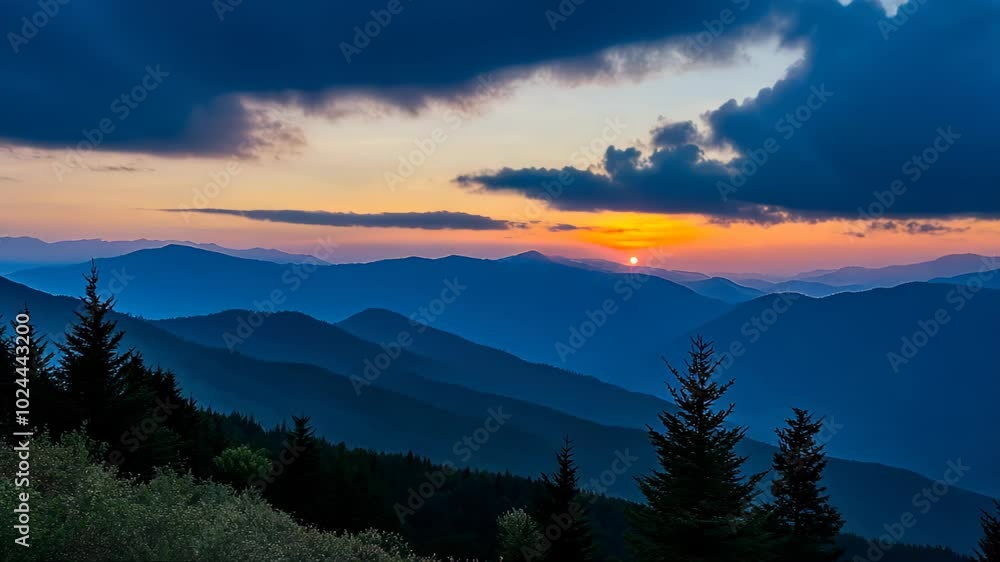 A stunning sunset over layered mountains with rays of sunlight piercing through clouds. A stunning sunset over layered mountains with rays of sunlight piercing through clouds.