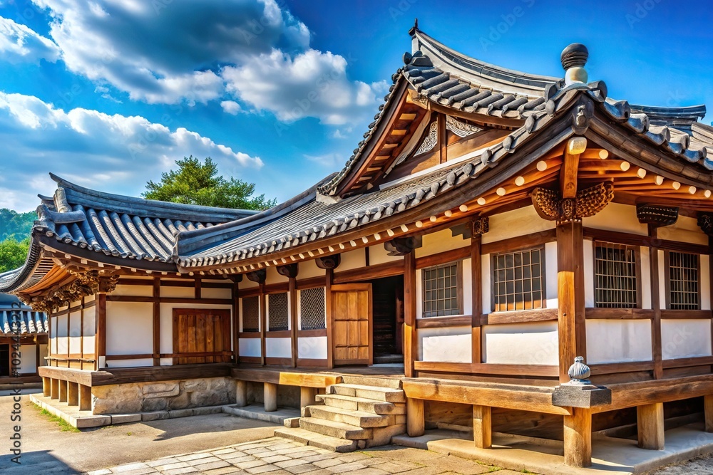 Low angle view of traditional Korean mountain house roof Low angle view of traditional Korean mountain house roof