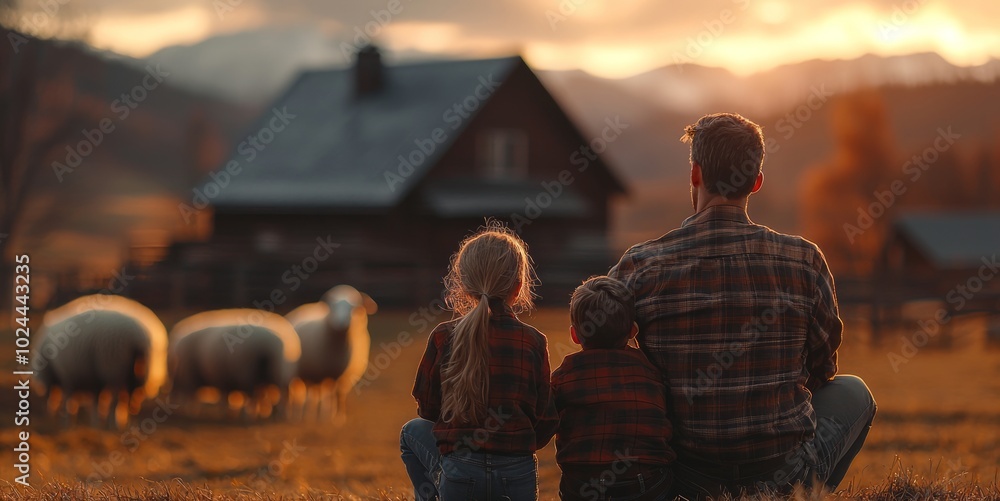 Father and children watching sheep in a field during sunset Father and children watching sheep in a field during sunset