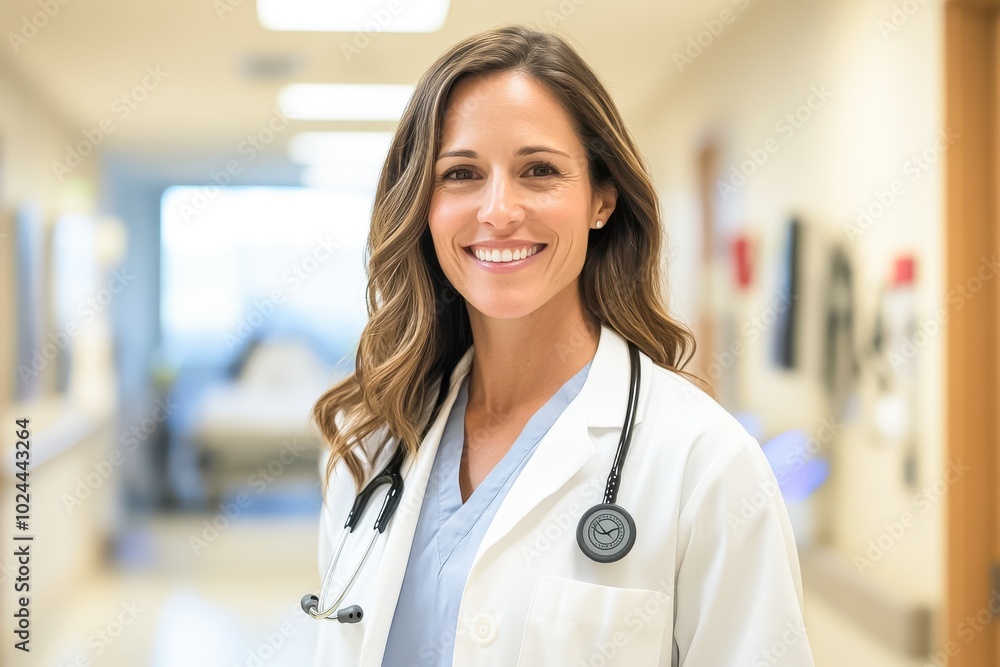 A smiling female doctor, wearing a white coat with a stethoscope around her neck A smiling female doctor, wearing a white coat with a stethoscope around her neck