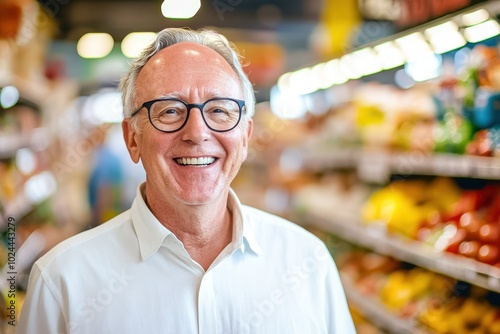 A smiling older man standing confidently in a supermarket aisle. He has neatly combed silver