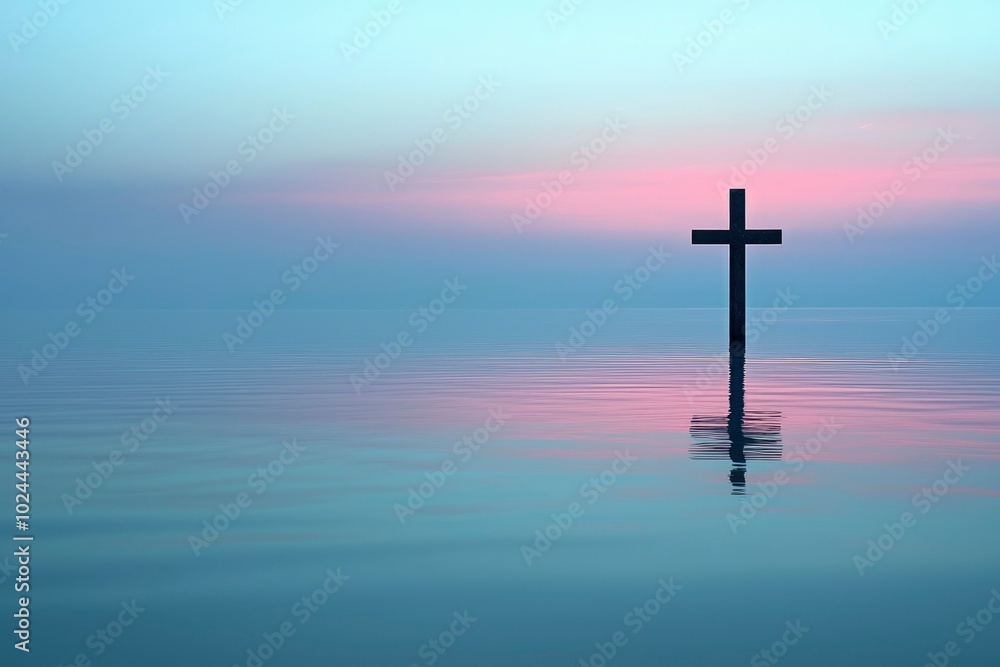 A Silhouette of a Cross Standing in Still Water at Sunset A Silhouette of a Cross Standing in Still Water at Sunset