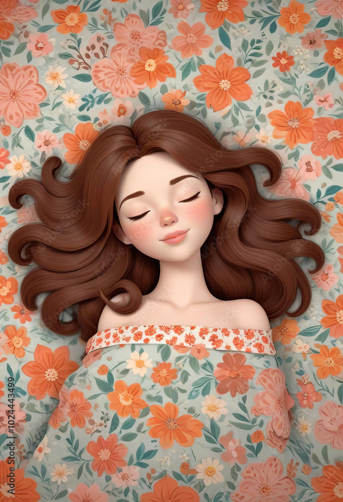 Peaceful Girl Sleeping in Floral Bedding Peaceful Girl Sleeping in Floral Bedding