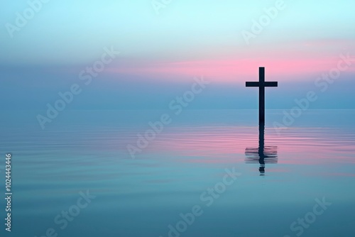 A Silhouette of a Cross Standing in Still Water at Sunset