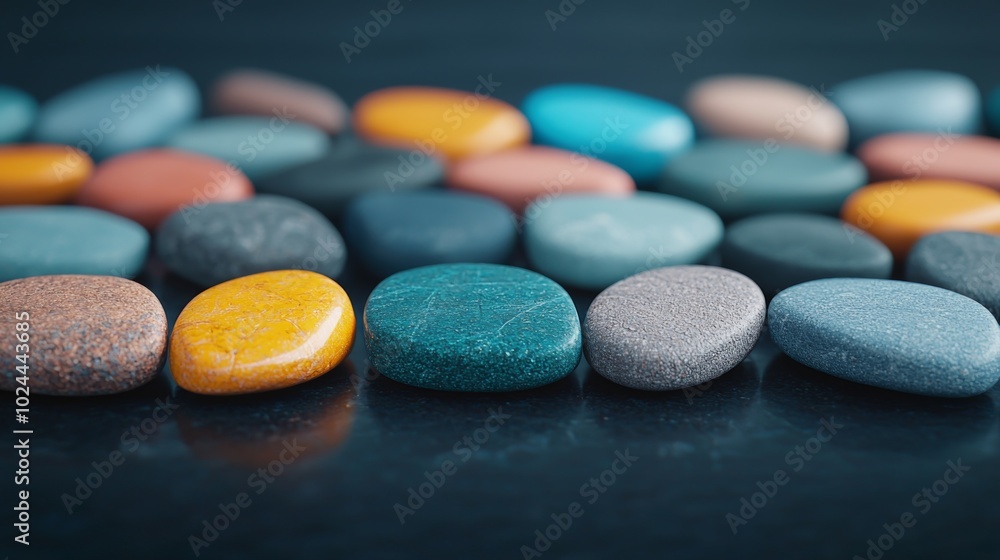 Colorful Healing Stones on Reflective Surface Colorful Healing Stones on Reflective Surface