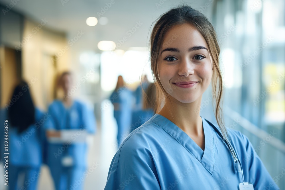 A smiling young nurse standing in a hospital corridor with a group of colleagues blurred A smiling young nurse standing in a hospital corridor with a group of colleagues blurred
