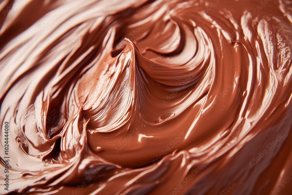 A smooth, rich spread of chocolate with thick, textured swirls. The chocolate appears glossy A smooth, rich spread of chocolate with thick, textured swirls. The chocolate appears glossy