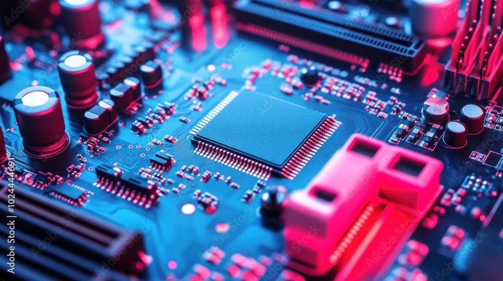 Close-up of a circuit board with a central processor chip Close-up of a circuit board with a central processor chip