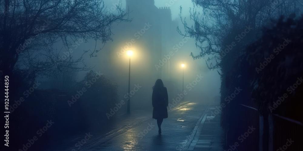 A solitary figure walking down a foggy, dimly lit street at night. The misty streetlights cast A solitary figure walking down a foggy, dimly lit street at night. The misty streetlights cast