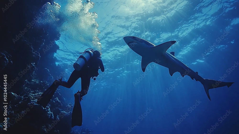 Scuba diver swimming near a shark underwater in tropical ocean Scuba diver swimming near a shark underwater in tropical ocean